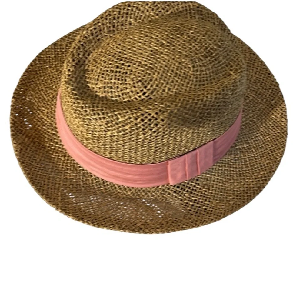 Liz Claiborne tan straw fedora hat with pink ribbon , perfect for  summer